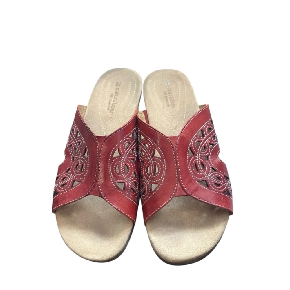 Naturalizer Red Leather Slide Sandals 9M Cutouts